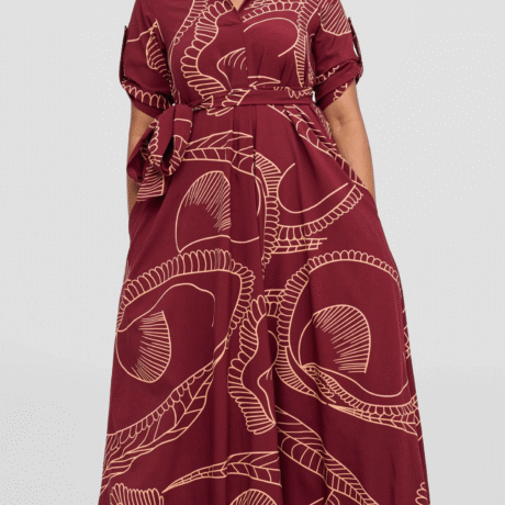 Yumi Maxi Shirt Dress - Burgundy / Peach Print