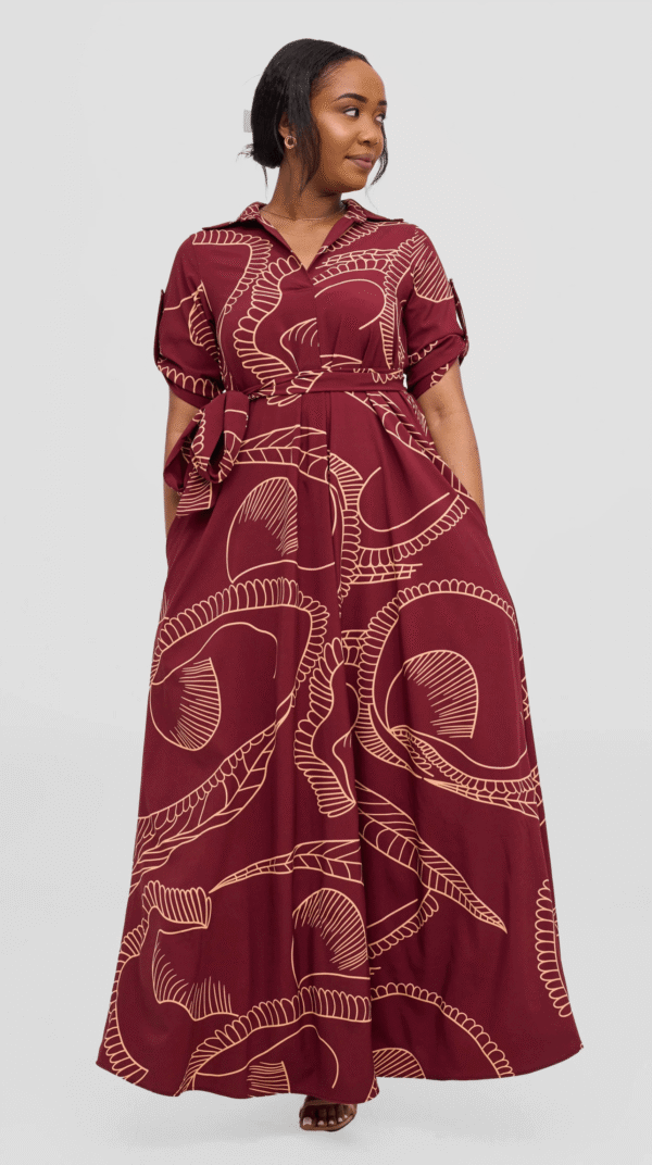 Yumi Maxi Shirt Dress - Burgundy / Peach Print
